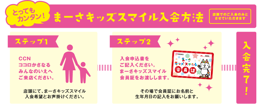 まーさキッズスマイル入会方法…CCNココロかさなるみんなのいえへご来店ください。入会申込書をご記入ください。まーさキッズスマイル会員証をお渡しします。